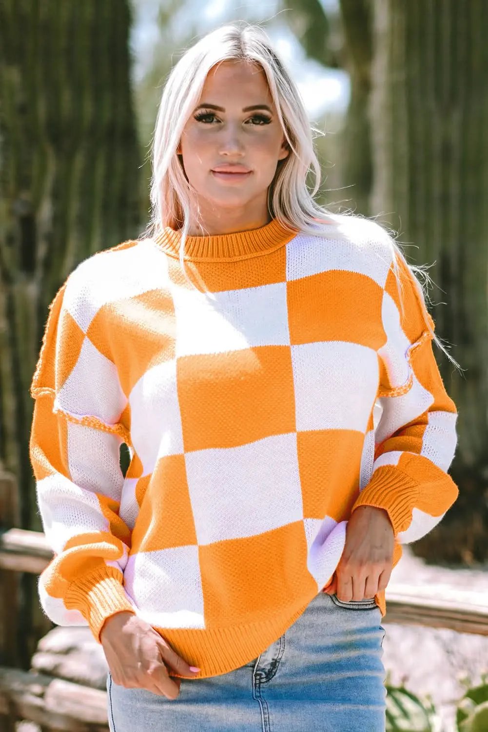 Orange Checkered Bishop Sleeve Sweater - Love Salve